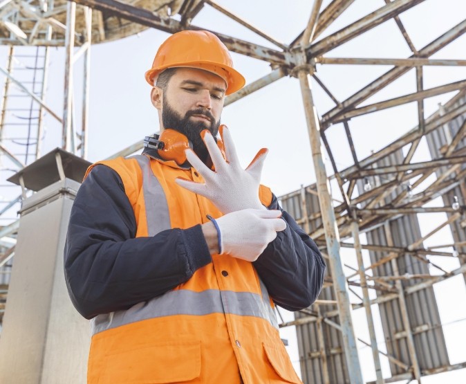Técnico de CUBIERFAC SAS colocando guantes de seguridad en obra de estructuras metálicas